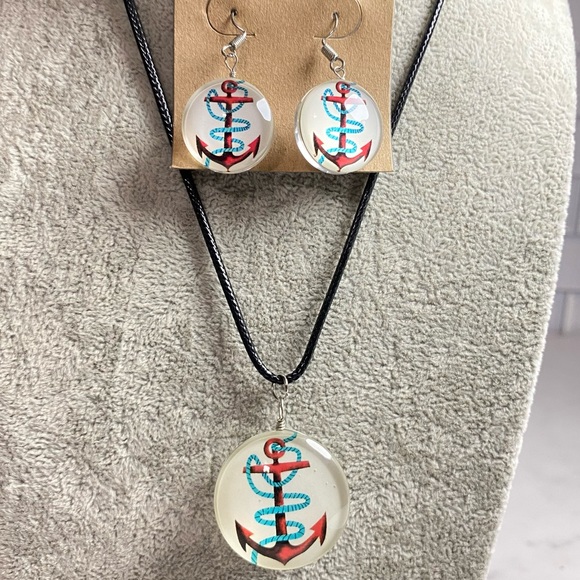 Anchor Nautical Beach Glass Dome Necklace & Earrings Set - Picture 6 of 6